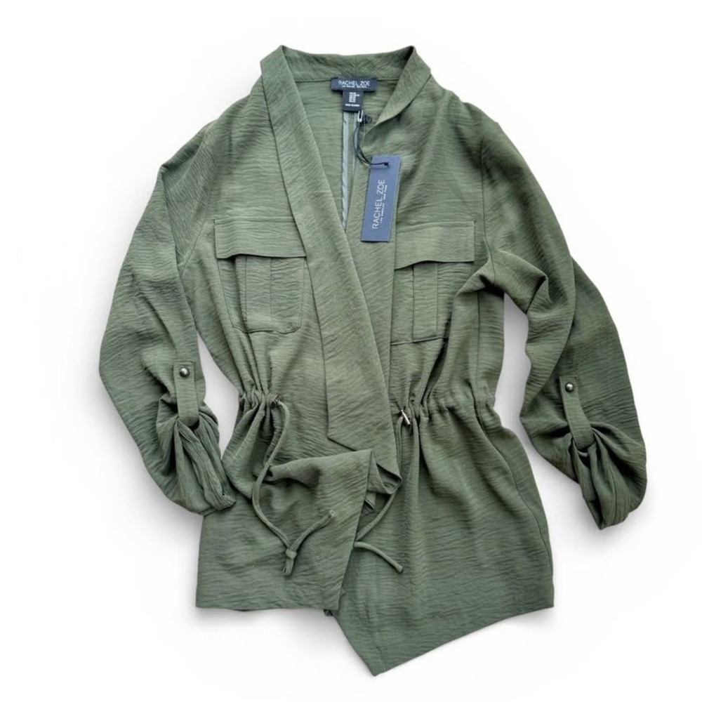 Rachel Zoe Olive Green Utility Jacket Drawstring Waist Roll Tab Sleeve JL33595